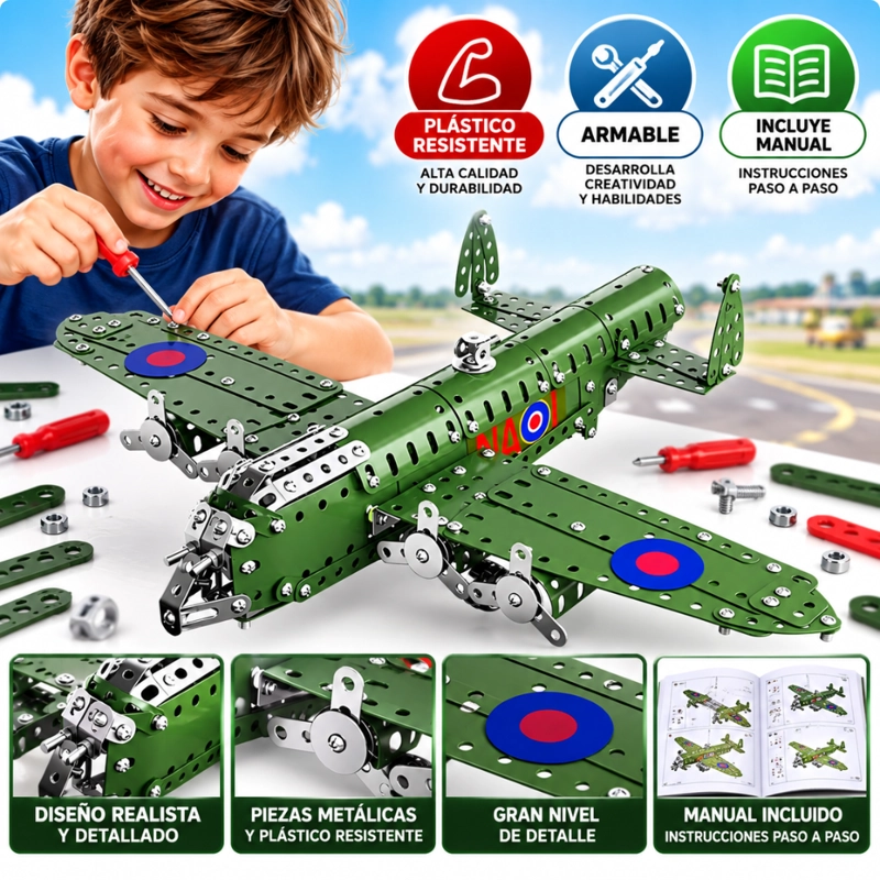 AVION MILITAR ARMABLE DE METAL 389 PIEZAS CON HERRAMIENTAS - 5