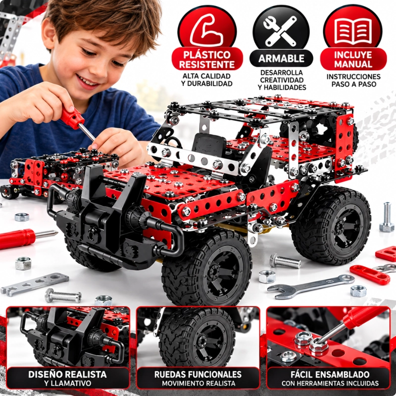 PICK UP 4X4 TODOTERRENO ARMABLE DE METAL 274 PIEZAS CON HERRAMIENTAS - 4