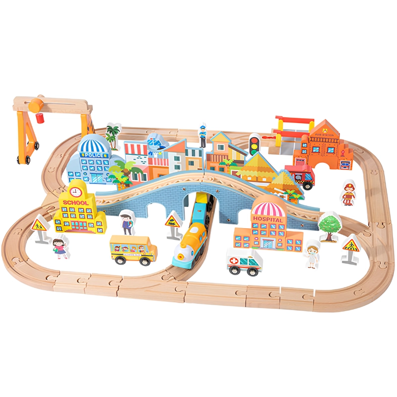 SET TREN DE MADERA INFANTIL 90 PIEZAS CON PISTAS CIUDAD 70CM - 1