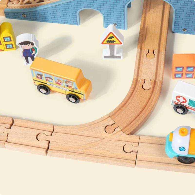 SET TREN DE MADERA INFANTIL 90 PIEZAS CON PISTAS CIUDAD 70CM - 3