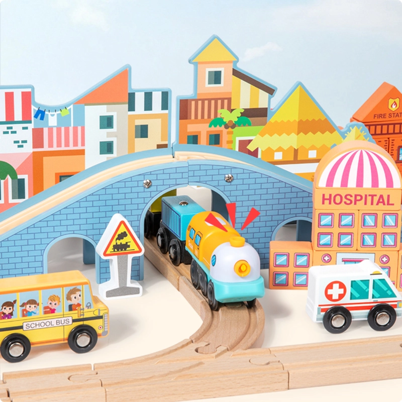 SET TREN DE MADERA INFANTIL 90 PIEZAS CON PISTAS CIUDAD 70CM - 4