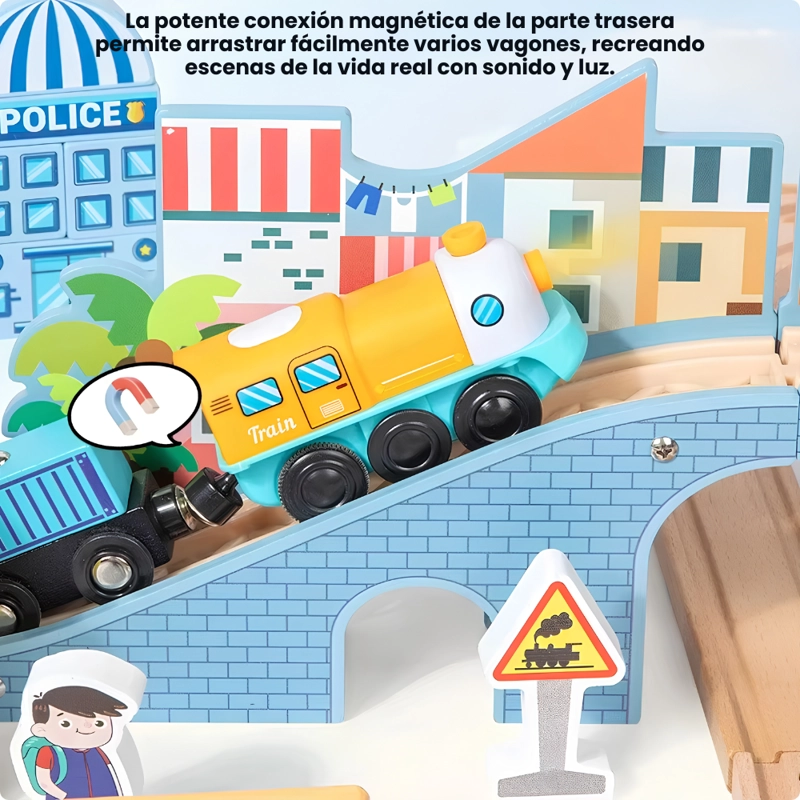 SET TREN DE MADERA INFANTIL 90 PIEZAS CON PISTAS CIUDAD 70CM - 5