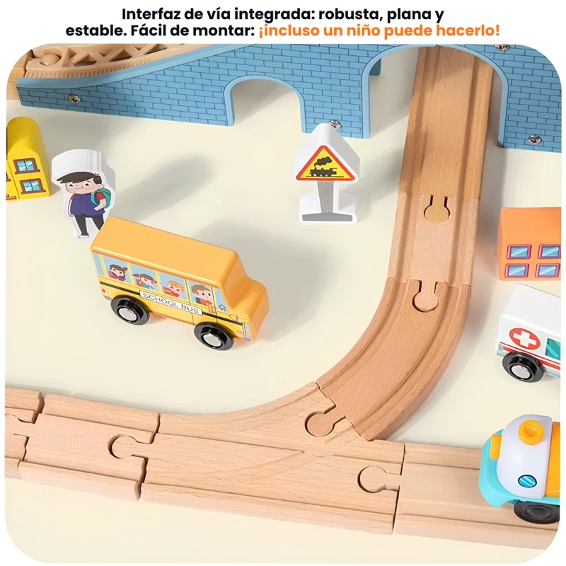 SET TREN DE MADERA INFANTIL 90 PIEZAS CON PISTAS CIUDAD 70CM - 6