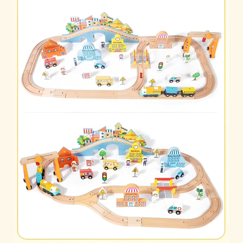 SET TREN DE MADERA INFANTIL 90 PIEZAS CON PISTAS CIUDAD 70CM - 7
