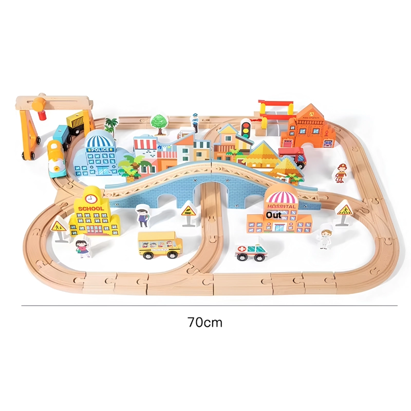 SET TREN DE MADERA INFANTIL 90 PIEZAS CON PISTAS CIUDAD 70CM - 8