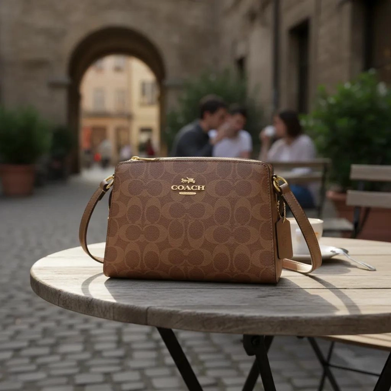 CARTERA CROSSBODY COACH MODELO GIA MUJER ORIGINAL MARRON MONOGRAMA DORADOS - 7