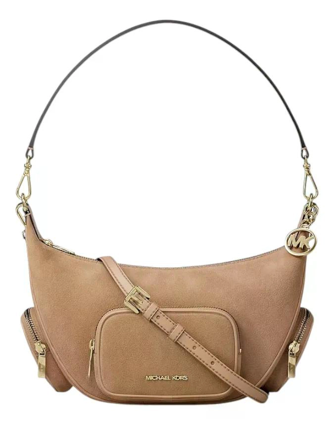 CARTERA CROSSBODY MICHAEL KORS MODELO MERRIT GAMUZA ORIGINAL CAMEL LISA DORADOS - 1