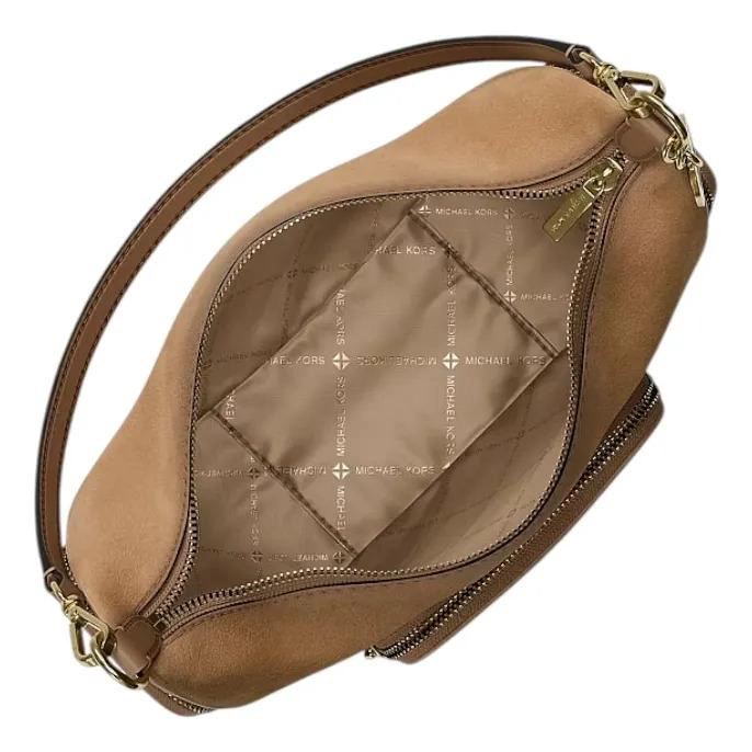 CARTERA CROSSBODY MICHAEL KORS MODELO MERRIT GAMUZA ORIGINAL CAMEL LISA DORADOS - 5