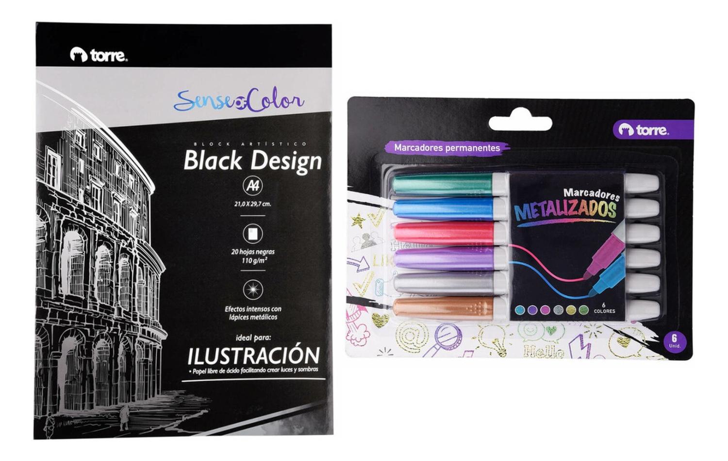 BLOCK ARTÍSTICO HOJAS NEGRAS + MARCADORES METÁLICOS 6 UNID - 1