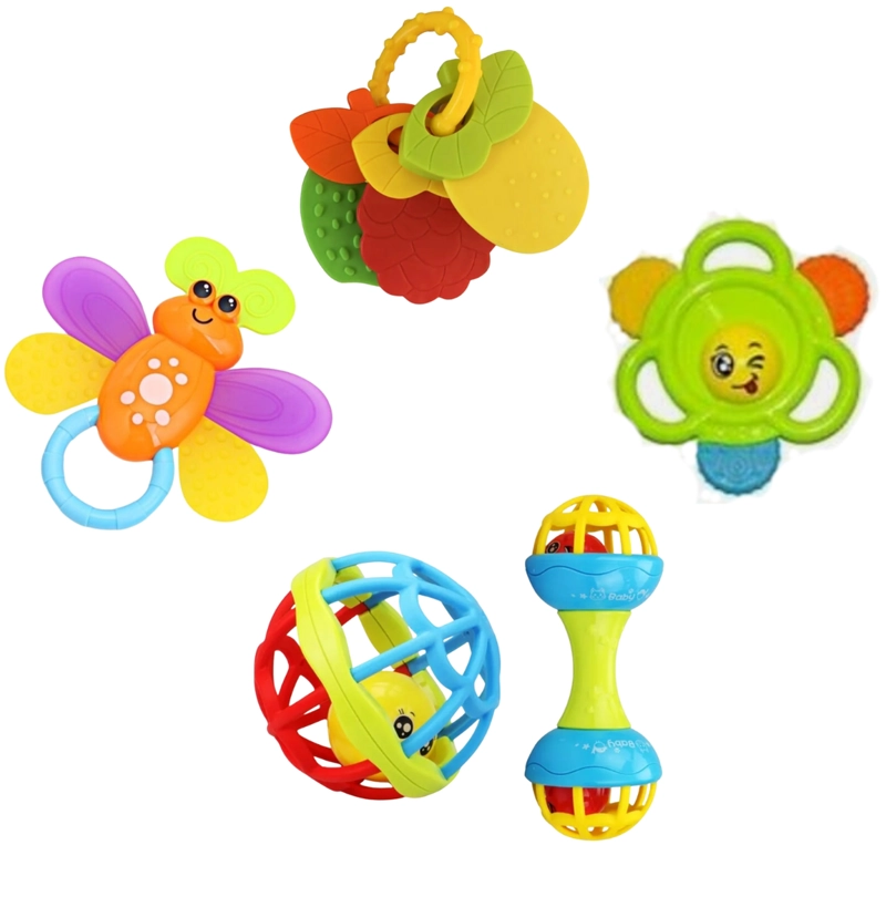 SET 5 PZS PELOTA - SONAJERO - MORDEDOR SENSORIAL BEBE - 1