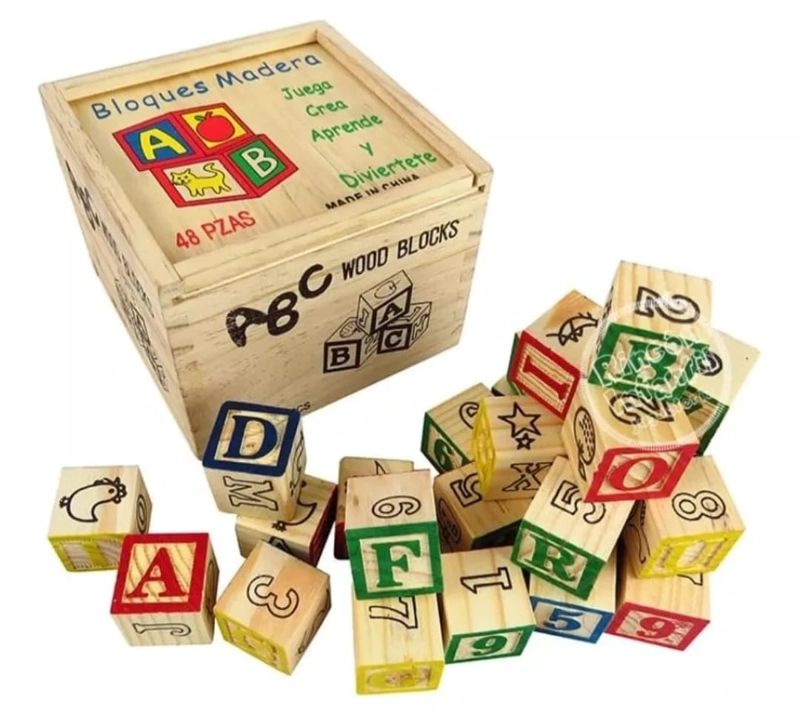 CUBO DE MADERA 27 PIEZAS JUGUETE DIDACTICO LETRAS Y NUMERO - 1
