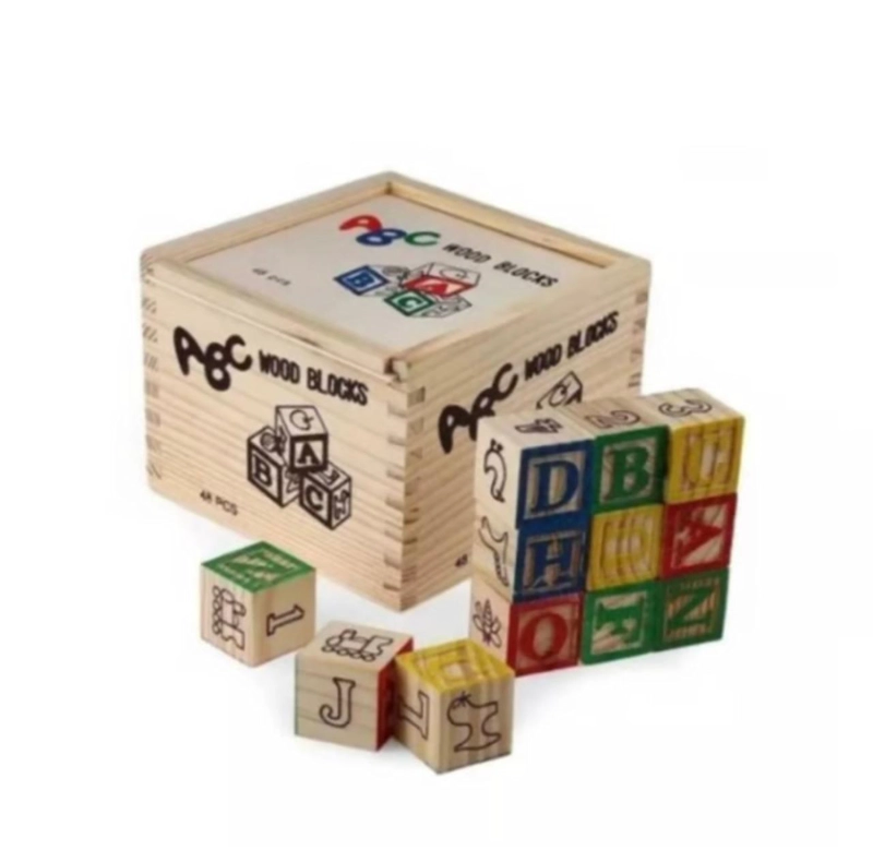 CUBO DE MADERA 48 PIEZAS JUGUETE DIDACTICO LETRAS Y NUMERO - 1