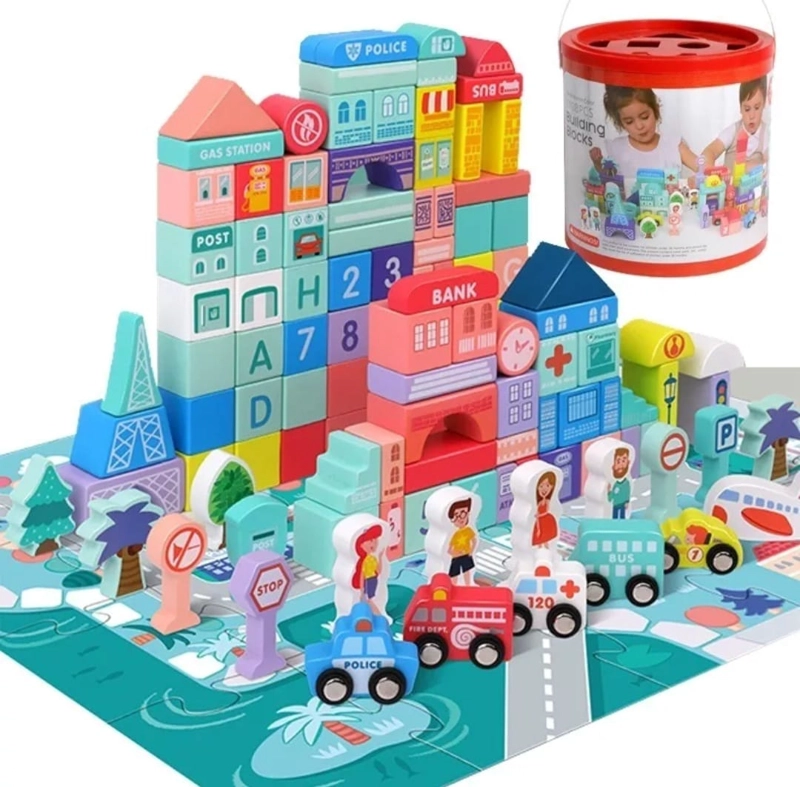 JUGUETE DIDACTICO CIUDAD BLOQUES CONSTRUCCION MADERA NIÑOS - 1