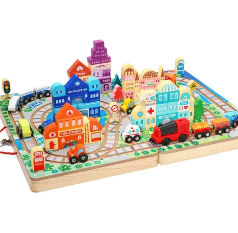 JUEGO DIDACTICO CIUDAD AUTO-TRENES MADERA PORTATIL - 1