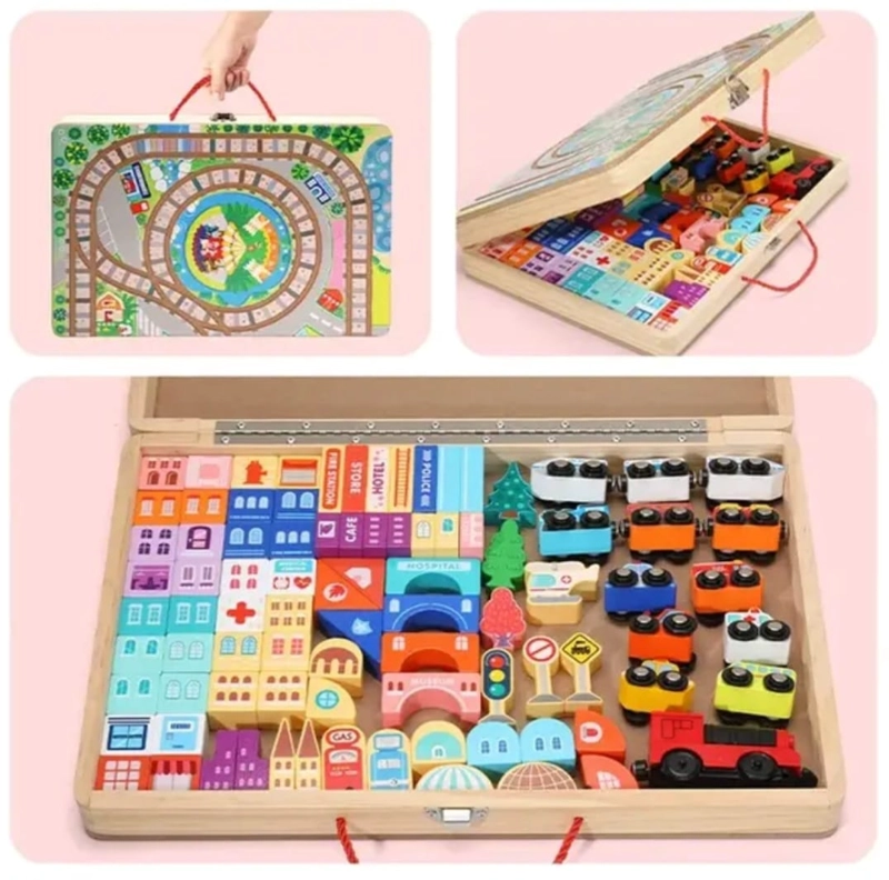 JUEGO DIDACTICO CIUDAD AUTO-TRENES MADERA PORTATIL - 4