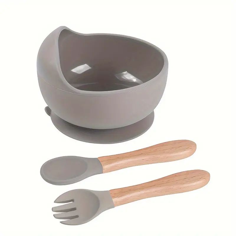 SET BOWL CON CUBIERTO- CUCHARA SILICONA -MADERA NIÑOS ROSA OSCURO - 1
