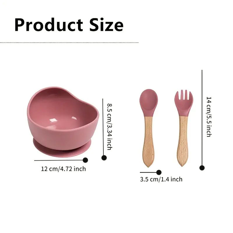 SET BOWL CON CUBIERTO- CUCHARA SILICONA -MADERA NIÑOS ROSA OSCURO - 3