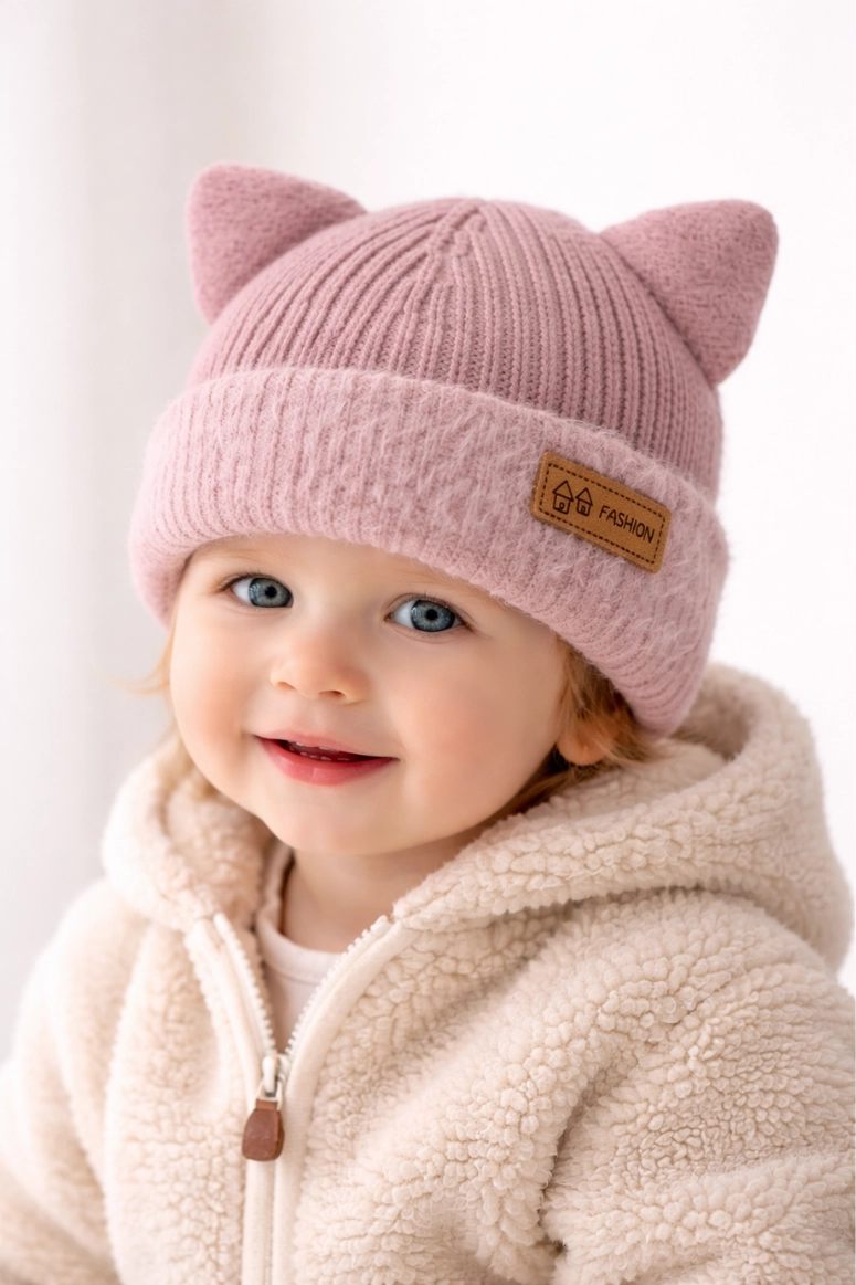 GORRO DE LANA INVIERNO PARA NIÑOS CON OREJAS GATICO ROSA - 1