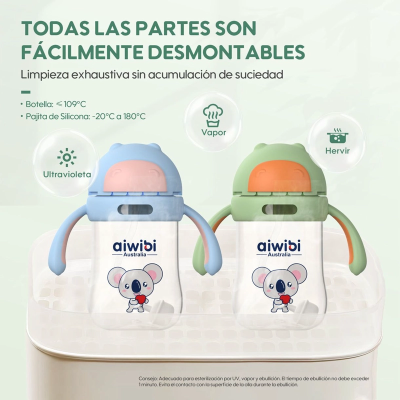 BOTELLA VASO DE AGUA CON BOMBILLA BEBE S AIWIBI 300ML VERDE - 2