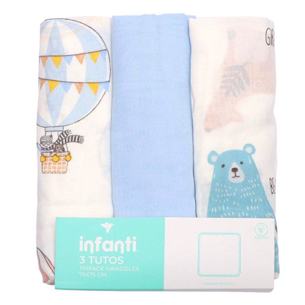 PACK 3 TUTOS INFANTI ALGODON MUSELINA 75X75CM CELESTE - 1