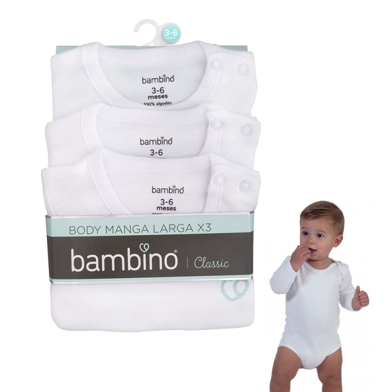 BODYS MANGA LARGA 3 PZS  ALGODON 9-12 MESES BAMBINO BLANCO - 3