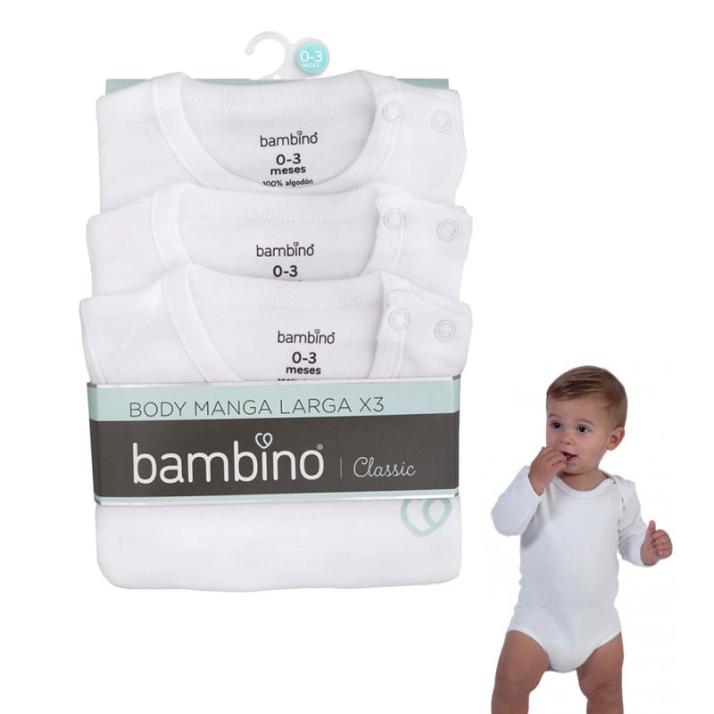 BODYS MANGA LARGA 3 PZS  ALGODON 9-12 MESES BAMBINO BLANCO - 3