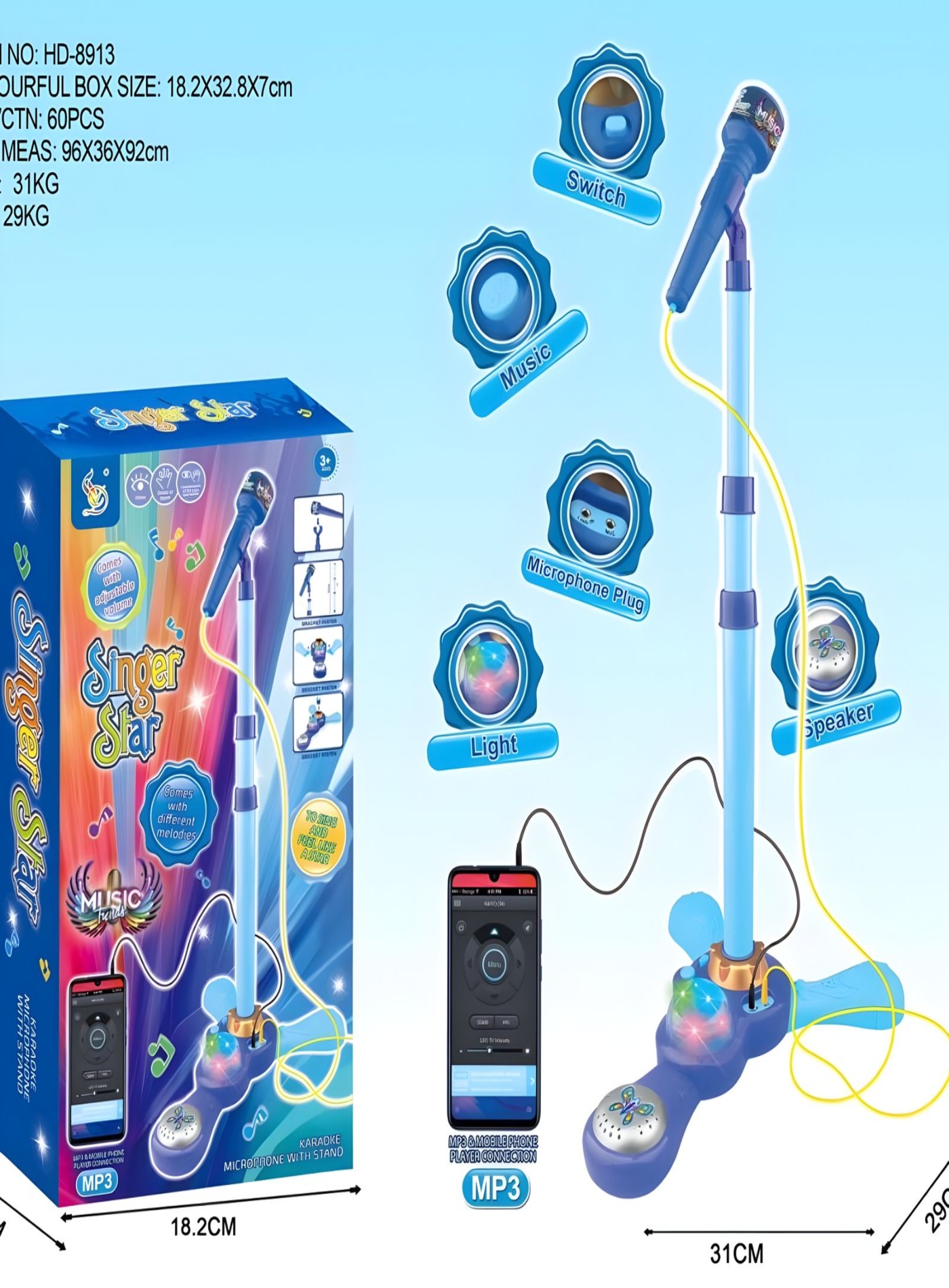 JUGUETE MICRÓFONO KARAOKE PEDESTAL LUCES MP3 27N1 - 2