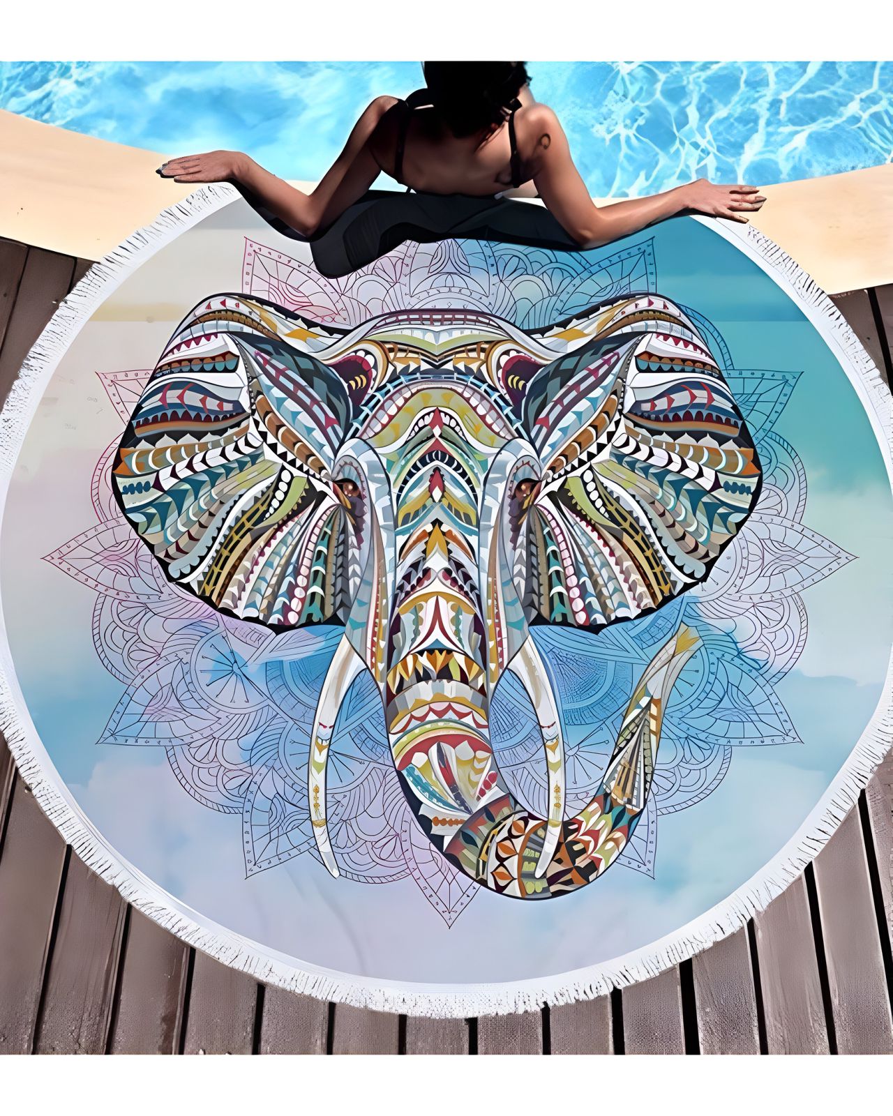 TOALLA MANTA REDONDA PLAYERA CON DISEÑO ELEFANTE - 1