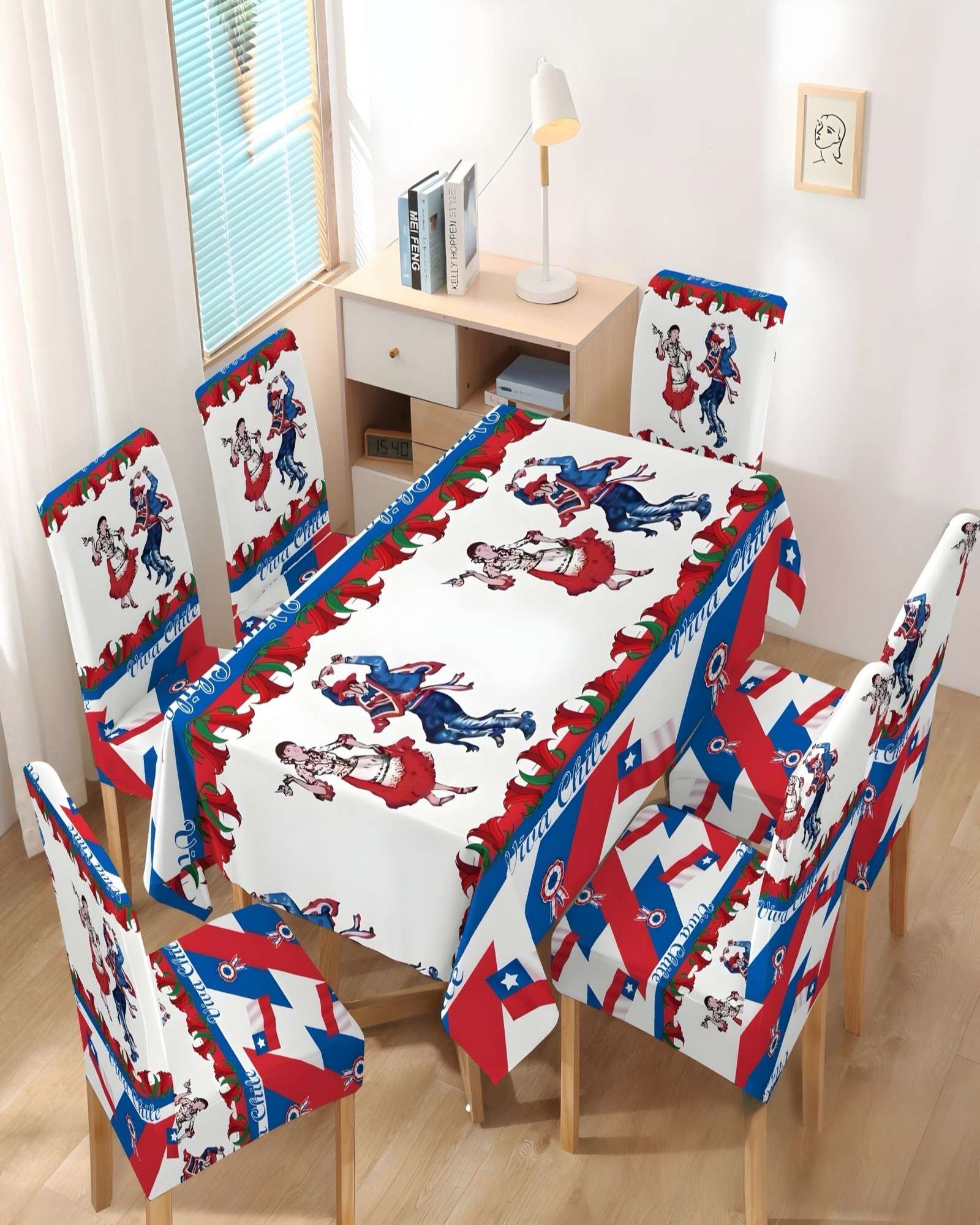 SET MANTEL FIESTAS PATRIAS DE TELA MAS FUNDAS DE SILLAS ELASTICADAS - 4