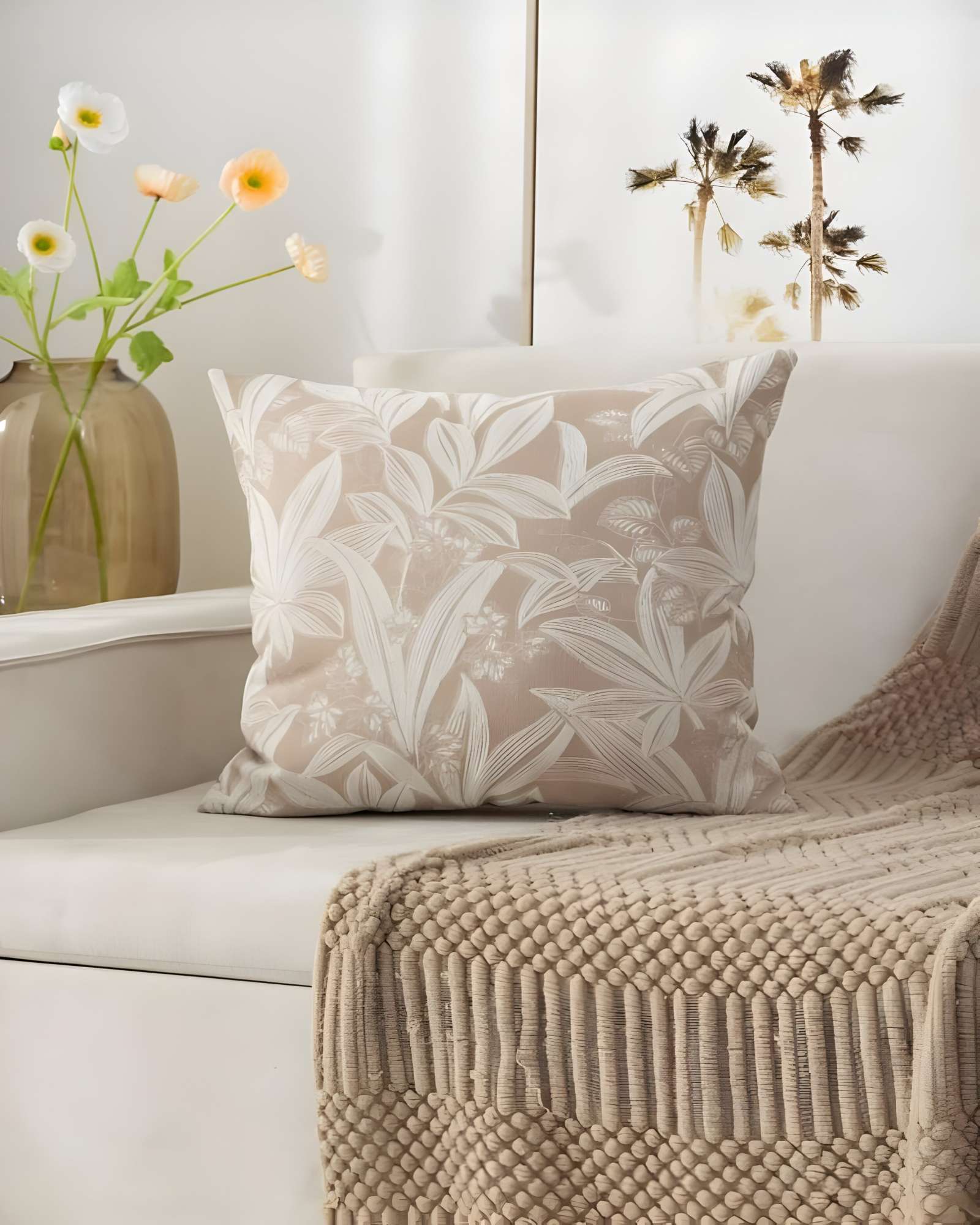 JUEGO DE 4 FUNDAS PELUDAS DE HOJAS 45X45 BEIGE - 3