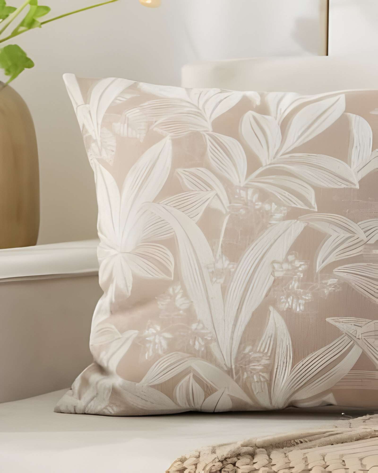 JUEGO DE 4 FUNDAS PELUDAS DE HOJAS 45X45 BEIGE - 4