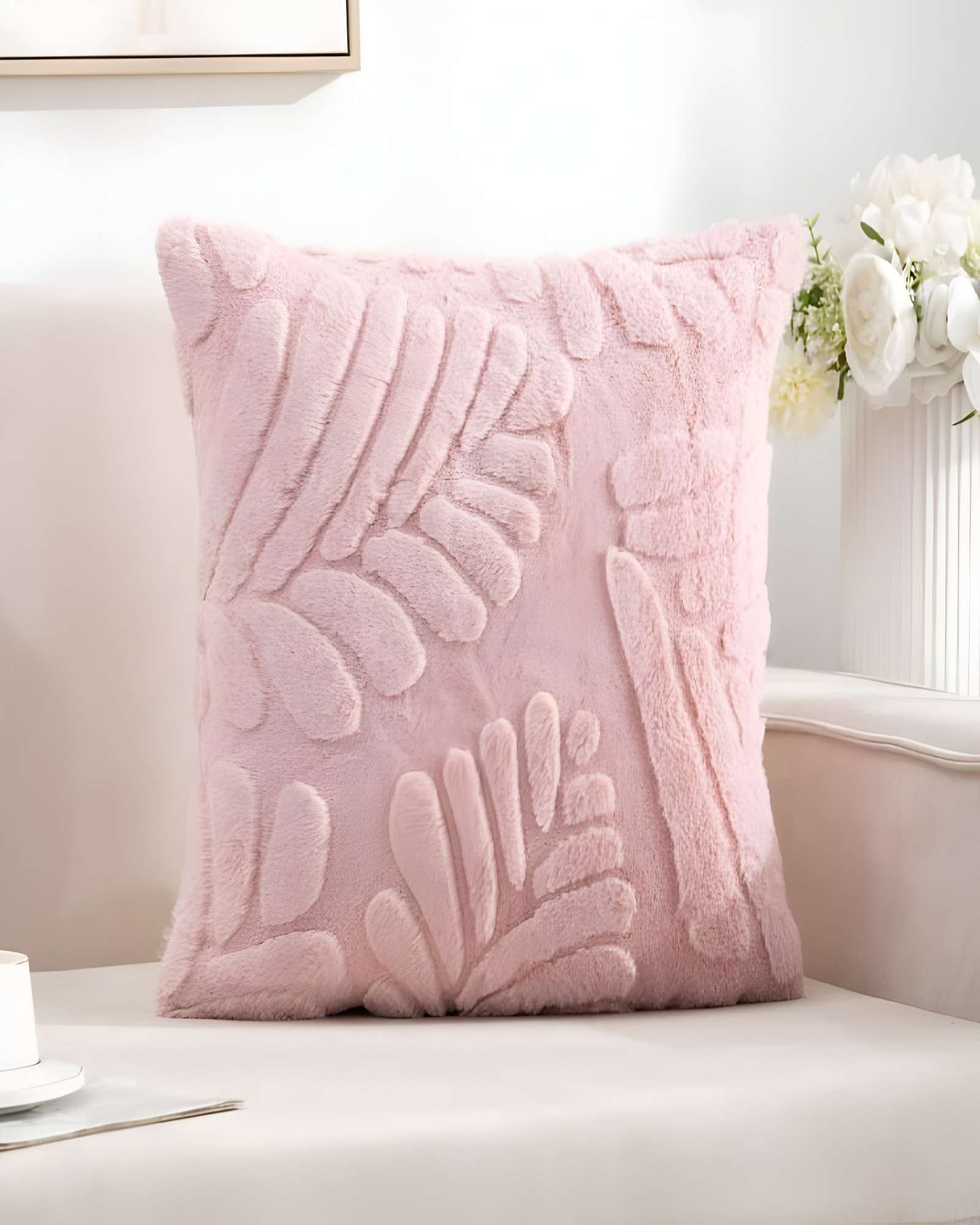 JUEGO DE 2 FUNDAS PELUDAS DE HOJA MODERNA 45X45 ROSA - 3