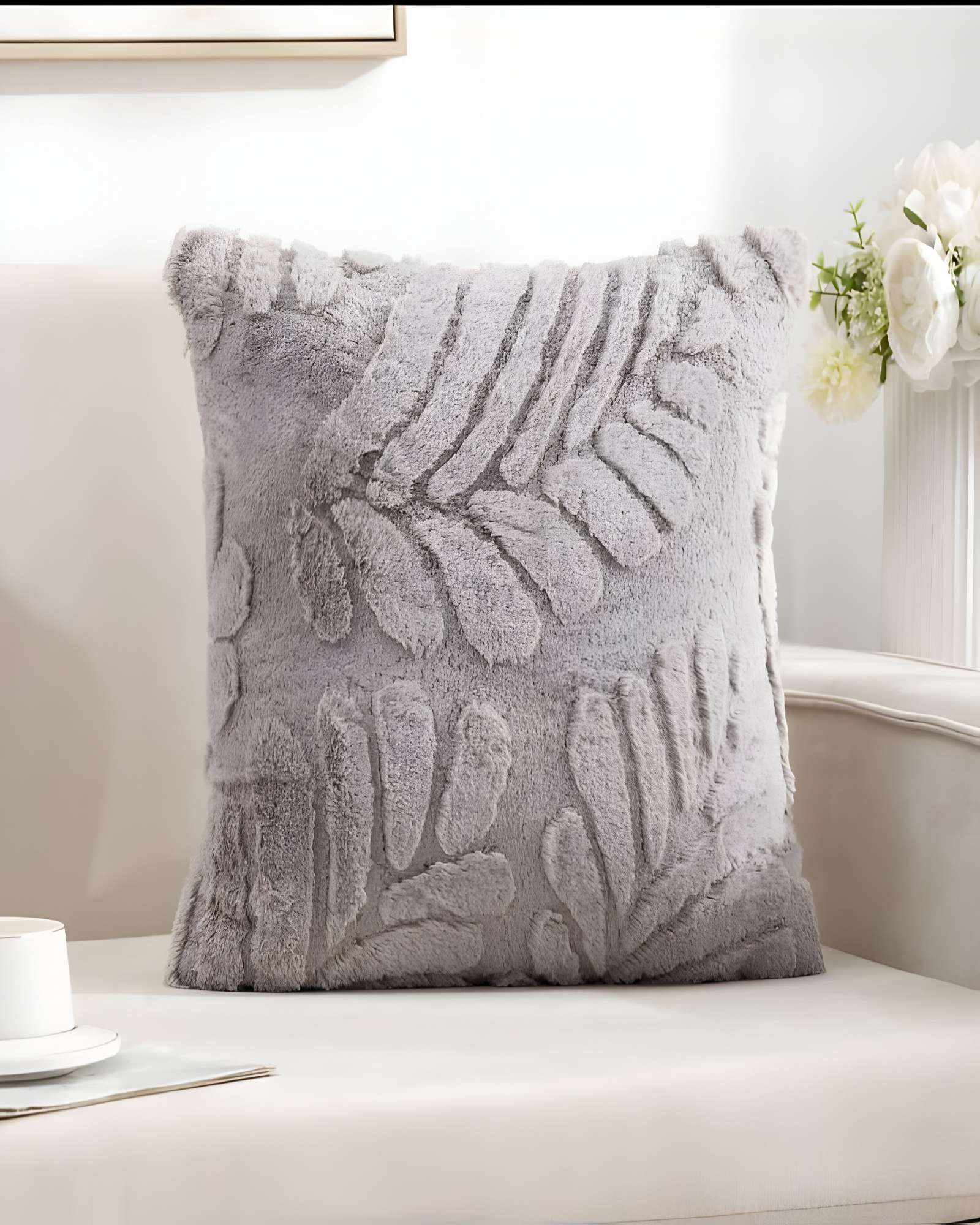 JUEGO DE 2 FUNDAS PELUDAS DE HOJA MODERNA 45X45 GRIS - 3