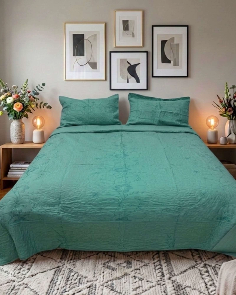 CUBRECAMA QUILT BORDADO 2 PLAZAS MAS FUNDAS DE ALMOHADAS ESTILO BOTANICO - 1