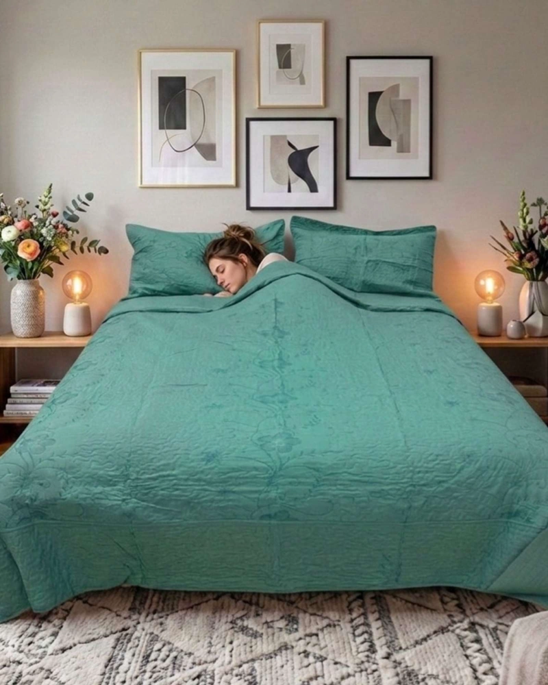 CUBRECAMA QUILT BORDADO 2 PLAZAS MAS FUNDAS DE ALMOHADAS ESTILO BOTANICO - 2