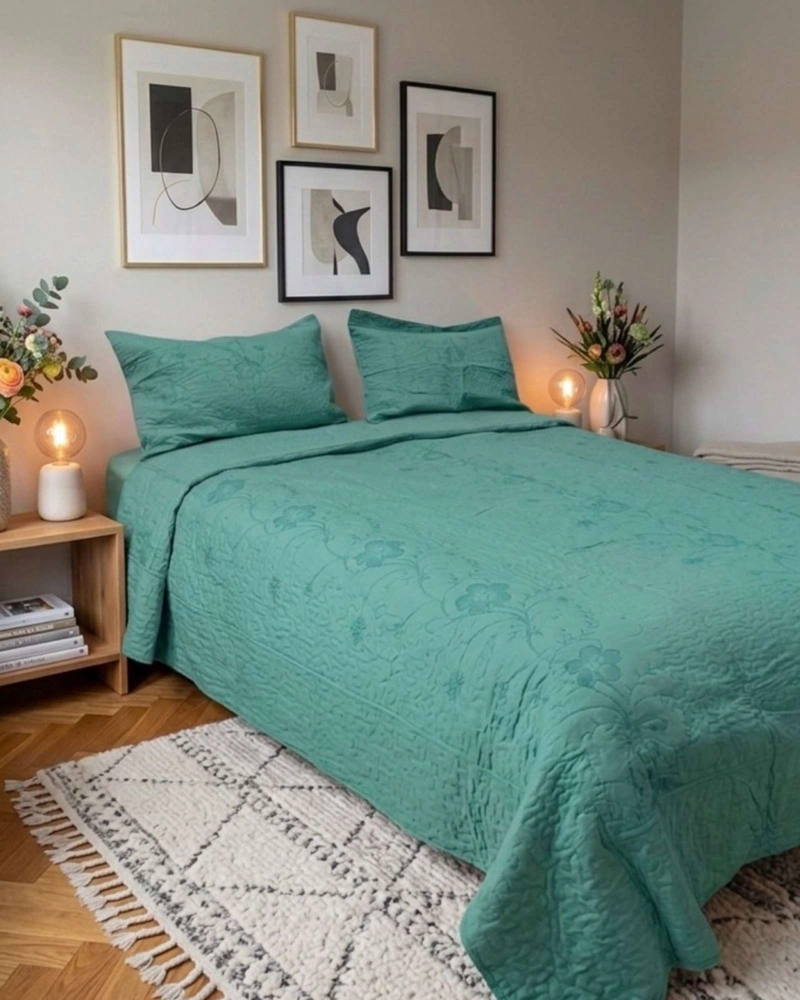 CUBRECAMA QUILT BORDADO 2 PLAZAS MAS FUNDAS DE ALMOHADAS ESTILO BOTANICO - 3