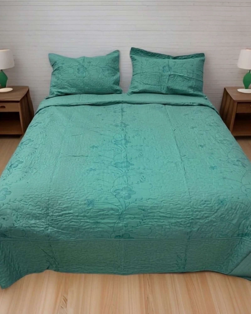 CUBRECAMA QUILT BORDADO 2 PLAZAS MAS FUNDAS DE ALMOHADAS ESTILO BOTANICO - 4