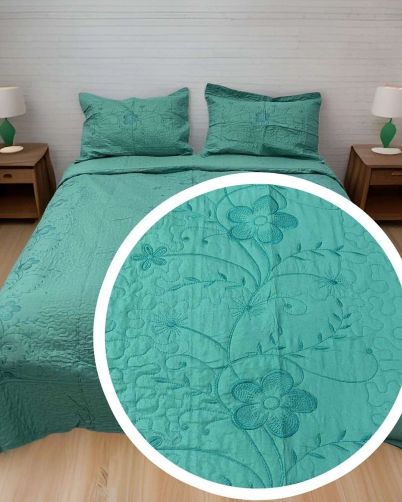 CUBRECAMA QUILT BORDADO 2 PLAZAS MAS FUNDAS DE ALMOHADAS ESTILO BOTANICO - 5