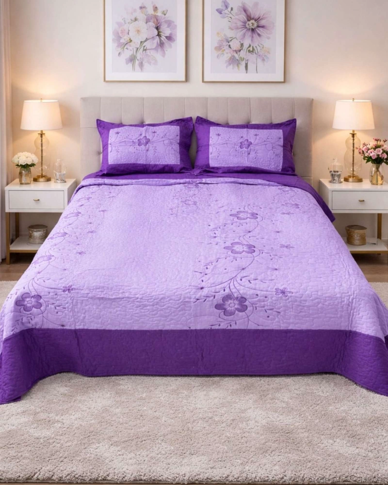 CUBRECAMA QUILT BORDADO PLAZA Y MEDIA MAS FUNDAS DE ALMOHADAS ESTILO BOTANICO - 1