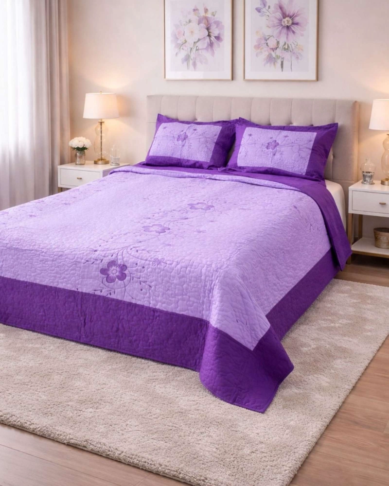 CUBRECAMA QUILT BORDADO PLAZA Y MEDIA MAS FUNDAS DE ALMOHADAS ESTILO BOTANICO - 2