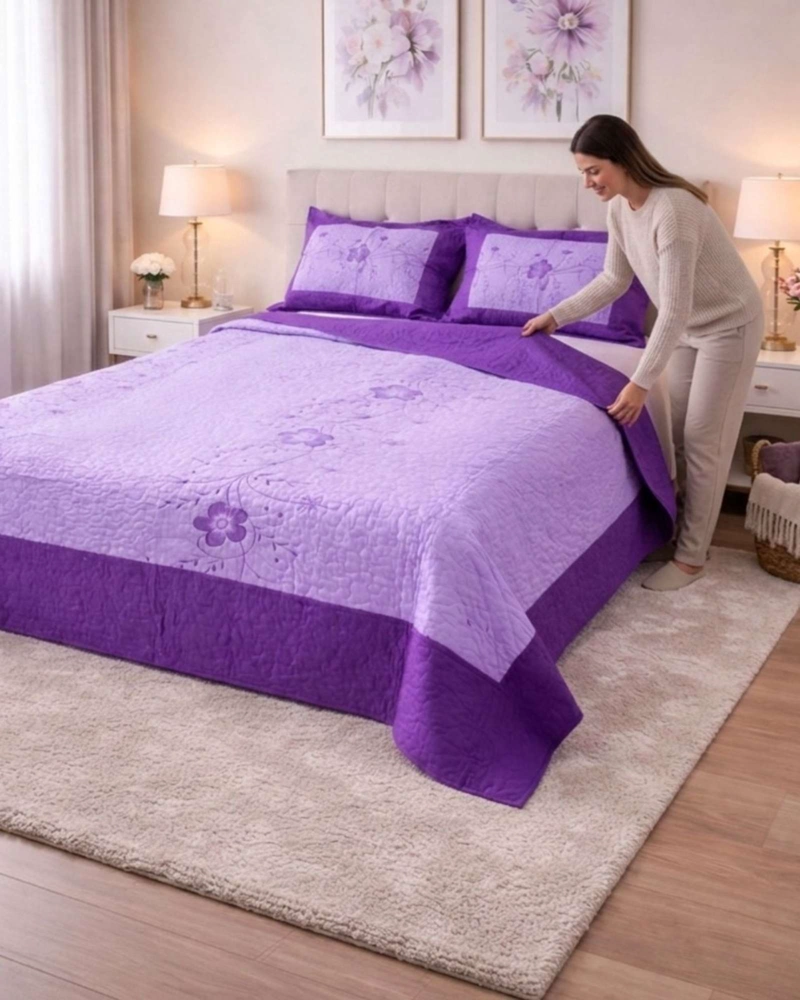 CUBRECAMA QUILT BORDADO PLAZA Y MEDIA MAS FUNDAS DE ALMOHADAS ESTILO BOTANICO - 3