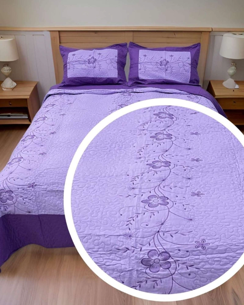 CUBRECAMA QUILT BORDADO PLAZA Y MEDIA MAS FUNDAS DE ALMOHADAS ESTILO BOTANICO - 6