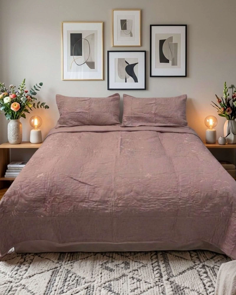 CUBRECAMA QUILT BORDADO PLAZA Y MEDIA MAS FUNDAS DE ALMOHADAS ESTILO BOTANICO - 1