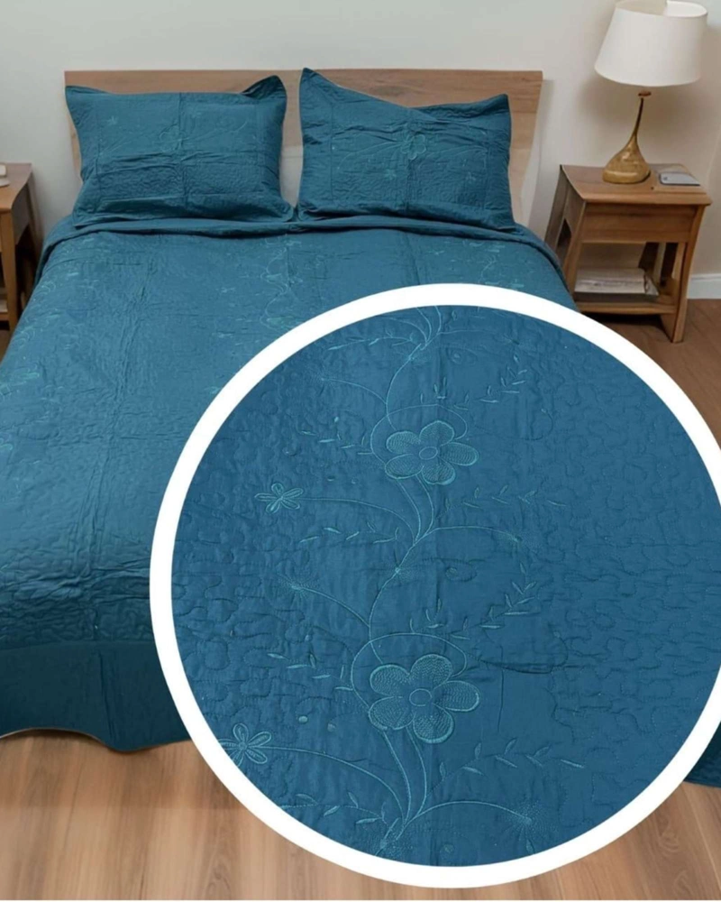CUBRECAMA QUILT BORDADO PLAZA Y MEDIA MAS FUNDAS DE ALMOHADAS ESTILO BOTANICO - 4