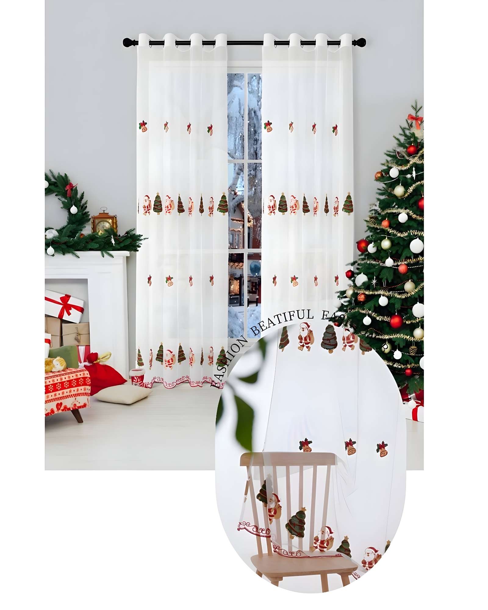 JUEGO PAR  DE CORTINA VISILLO TRANSPARENTE DISEÑO NAVIDEÑO 140X230 CM V4 - 2