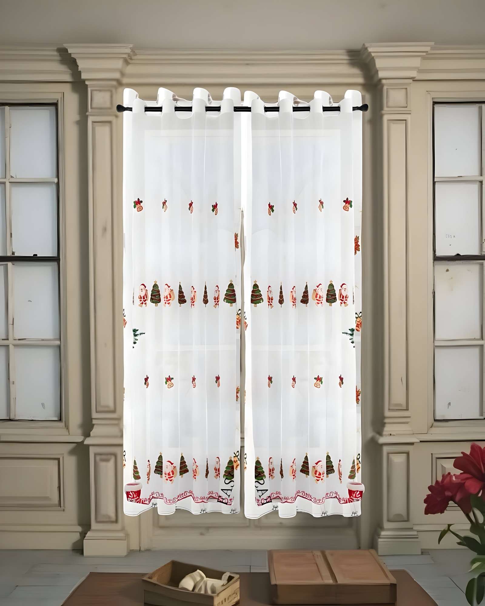 JUEGO PAR  DE CORTINA VISILLO TRANSPARENTE DISEÑO NAVIDEÑO 140X230 CM V4 - 3