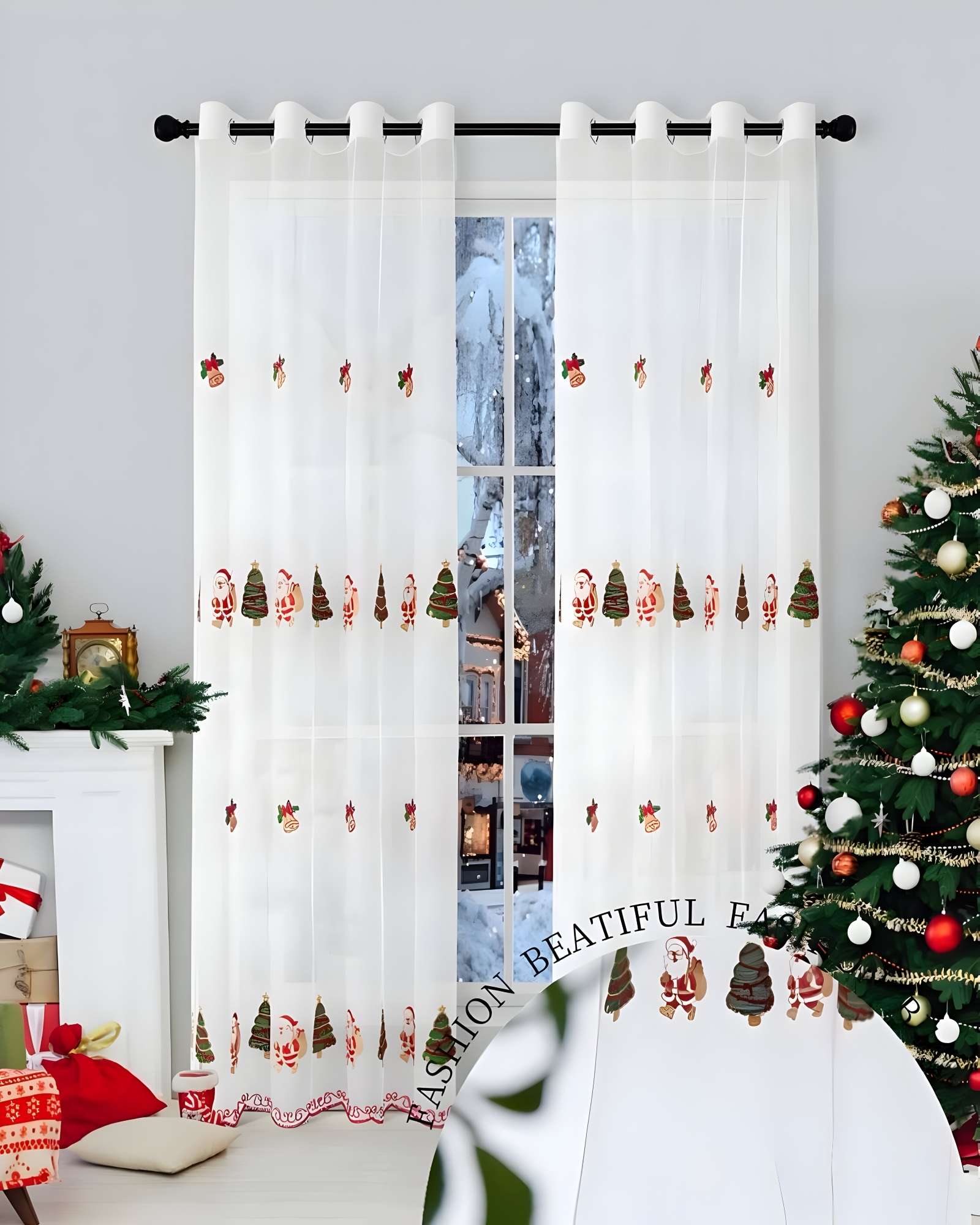 JUEGO PAR  DE CORTINA VISILLO TRANSPARENTE DISEÑO NAVIDEÑO 140X230 CM V4 - 4