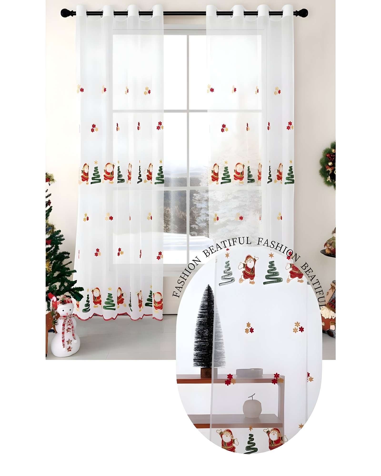 JUEGO PAR  DE CORTINA VISILLO TRANSPARENTE DISEÑO NAVIDEÑO 140X230 CM V5 - 2