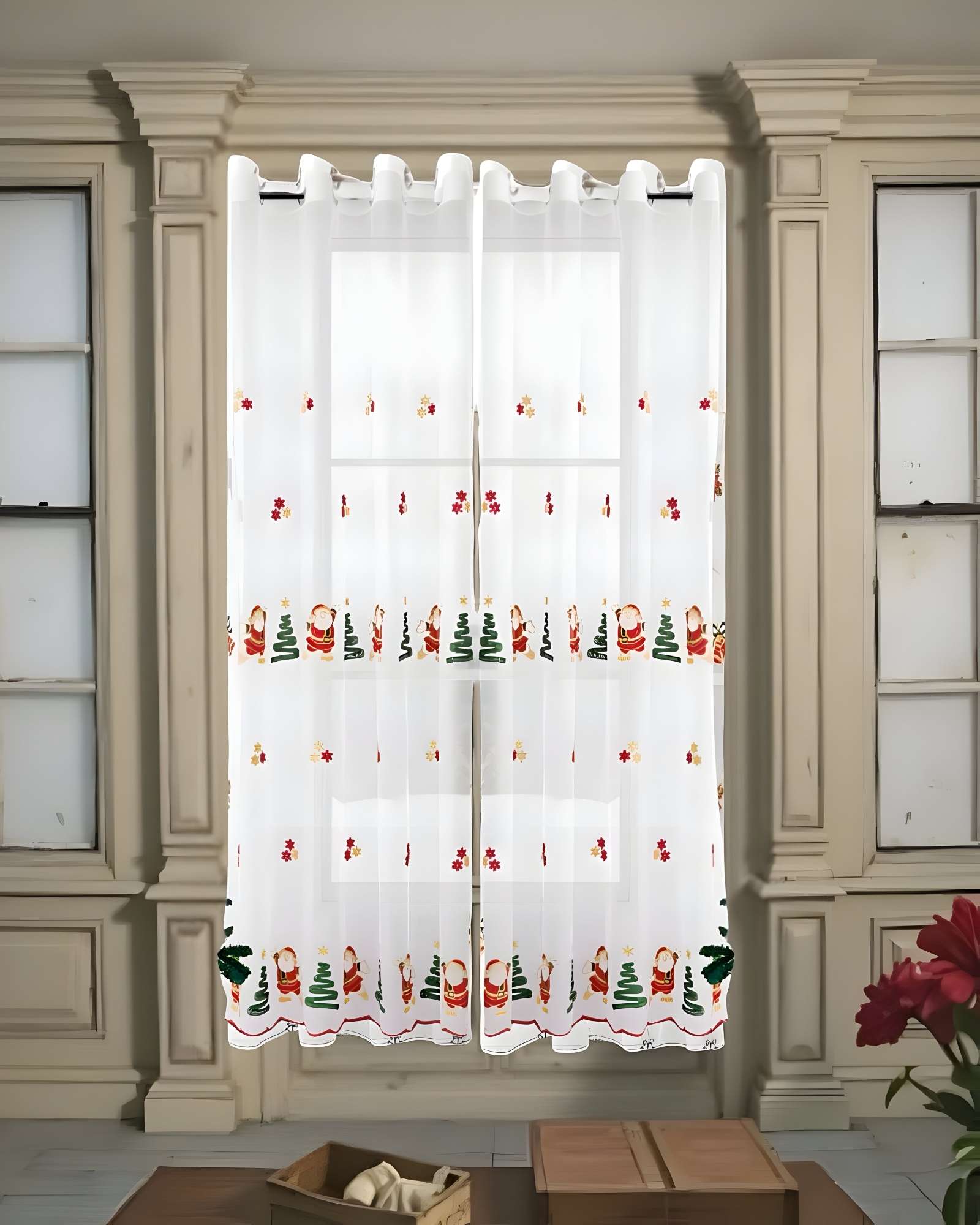 JUEGO PAR  DE CORTINA VISILLO TRANSPARENTE DISEÑO NAVIDEÑO 140X230 CM V5 - 3