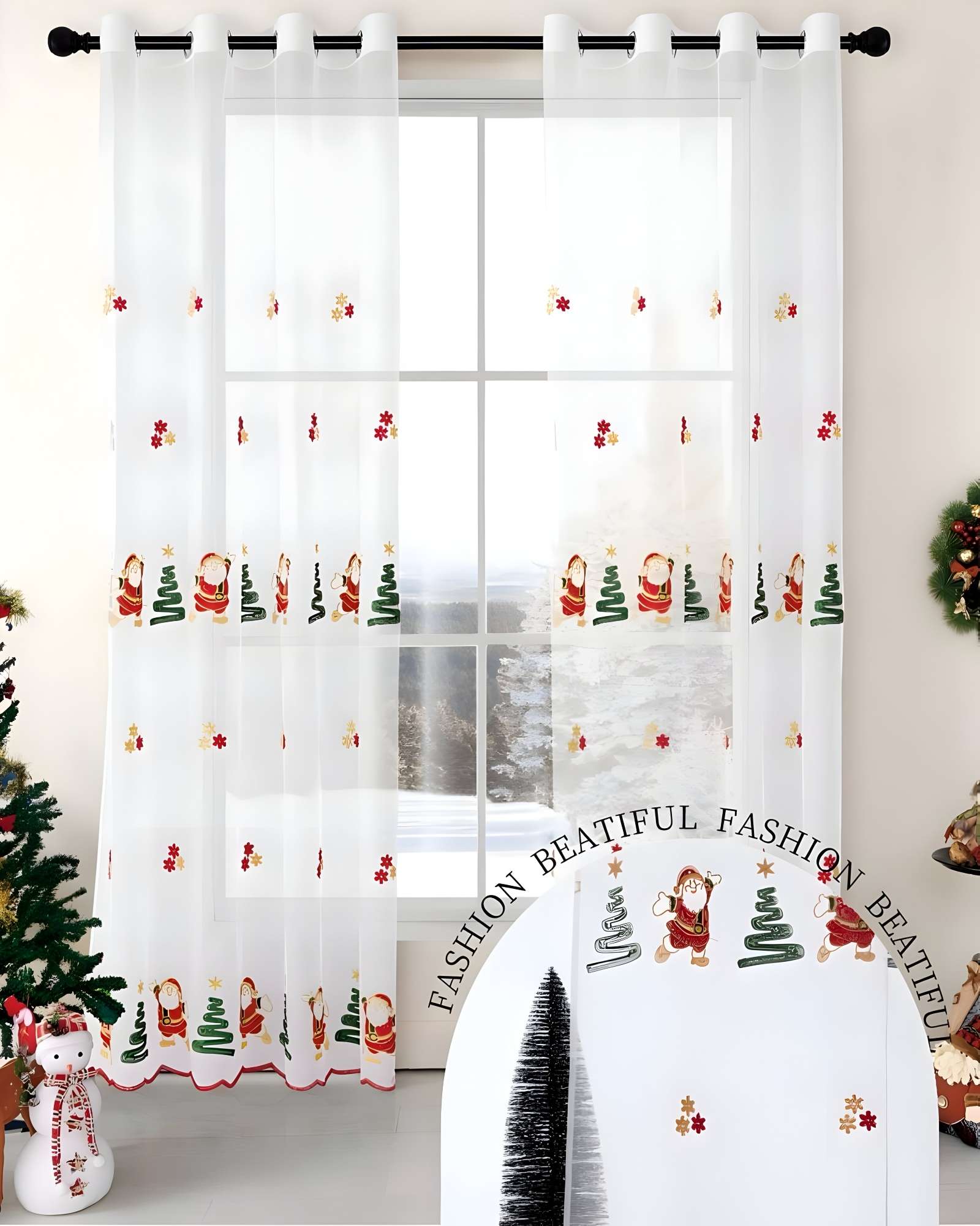 JUEGO PAR  DE CORTINA VISILLO TRANSPARENTE DISEÑO NAVIDEÑO 140X230 CM V5 - 4
